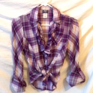 Purple Plaid Shirt w/Button Down, Ruffle Front.